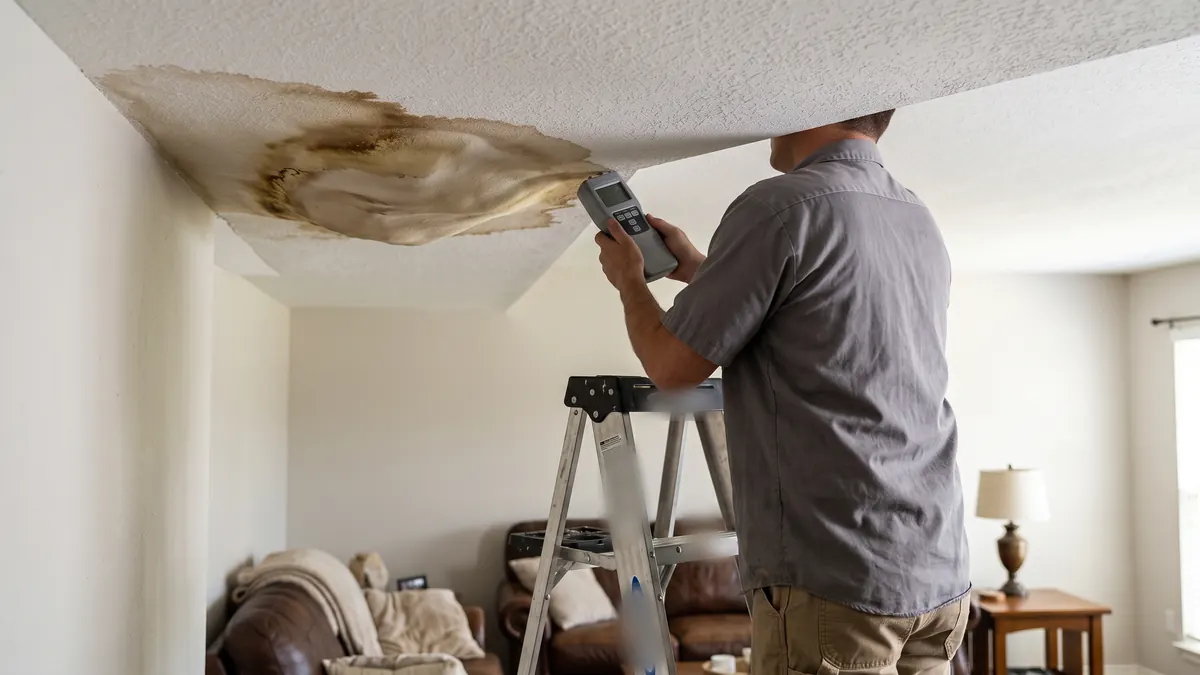 Technician on a ladder checking a stained, sagging ceiling with a moisture meter