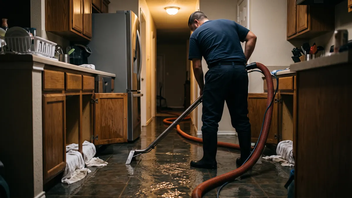 Technician guiding an extraction wand across a flooded kitchen floor at night