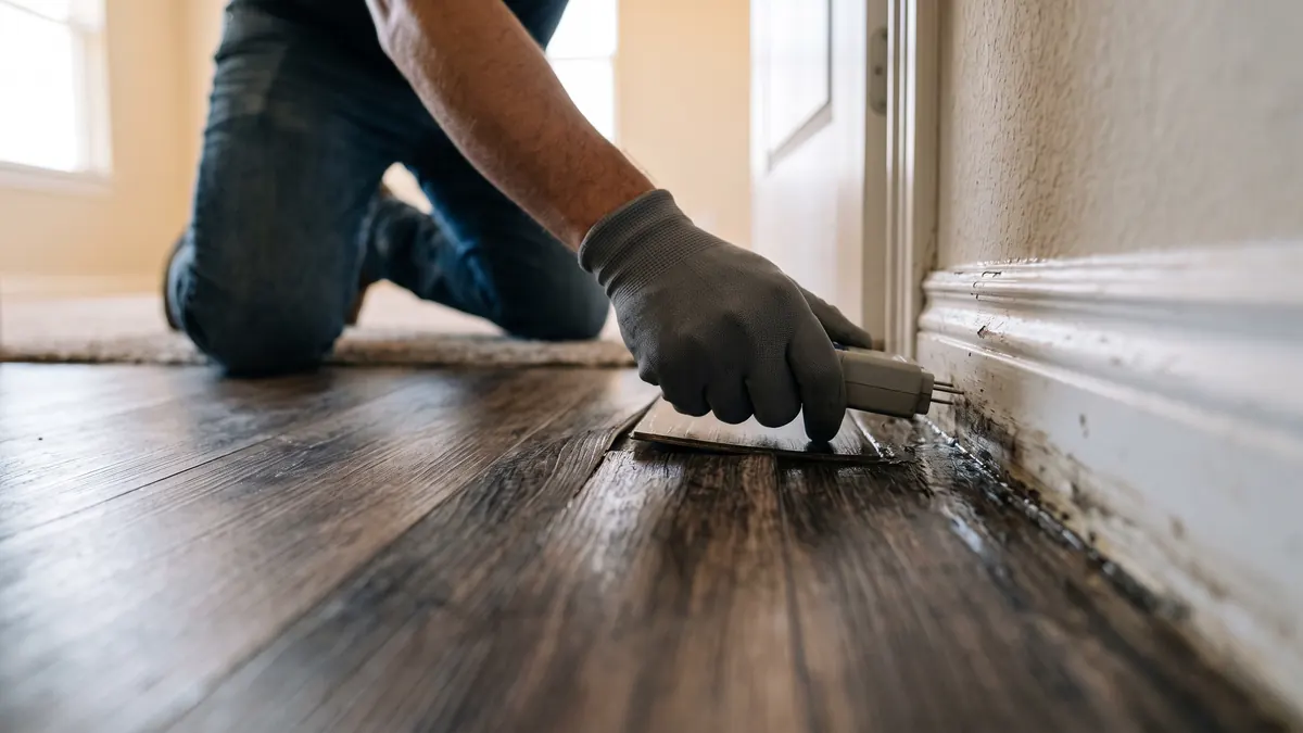 Gloved hand pressing a moisture probe against a baseboard where water seeps between floor planks